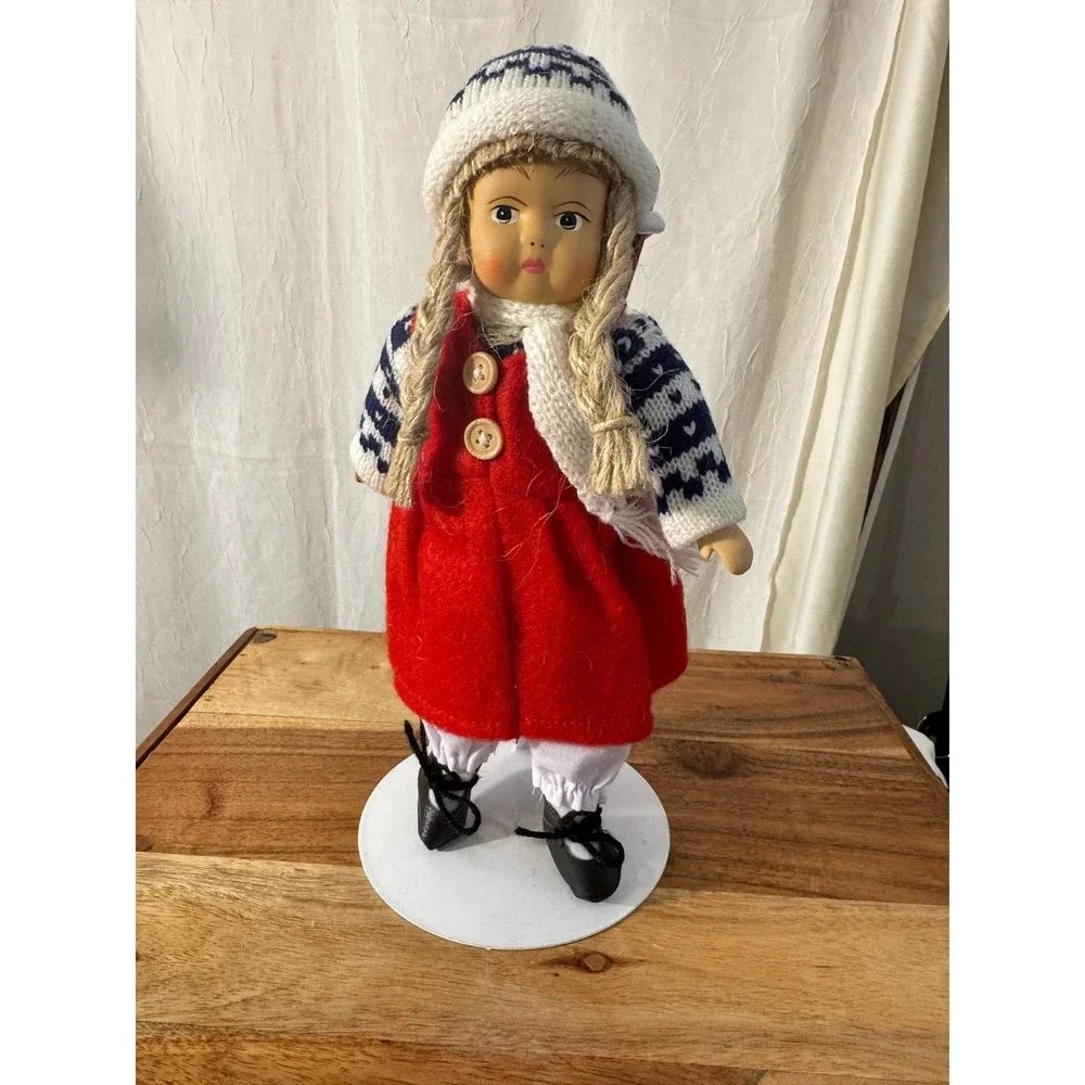 Vtg Bisque Scandinavian Girl Doll Norway Christmas Red Dress Knit Cap Wood Skiis
